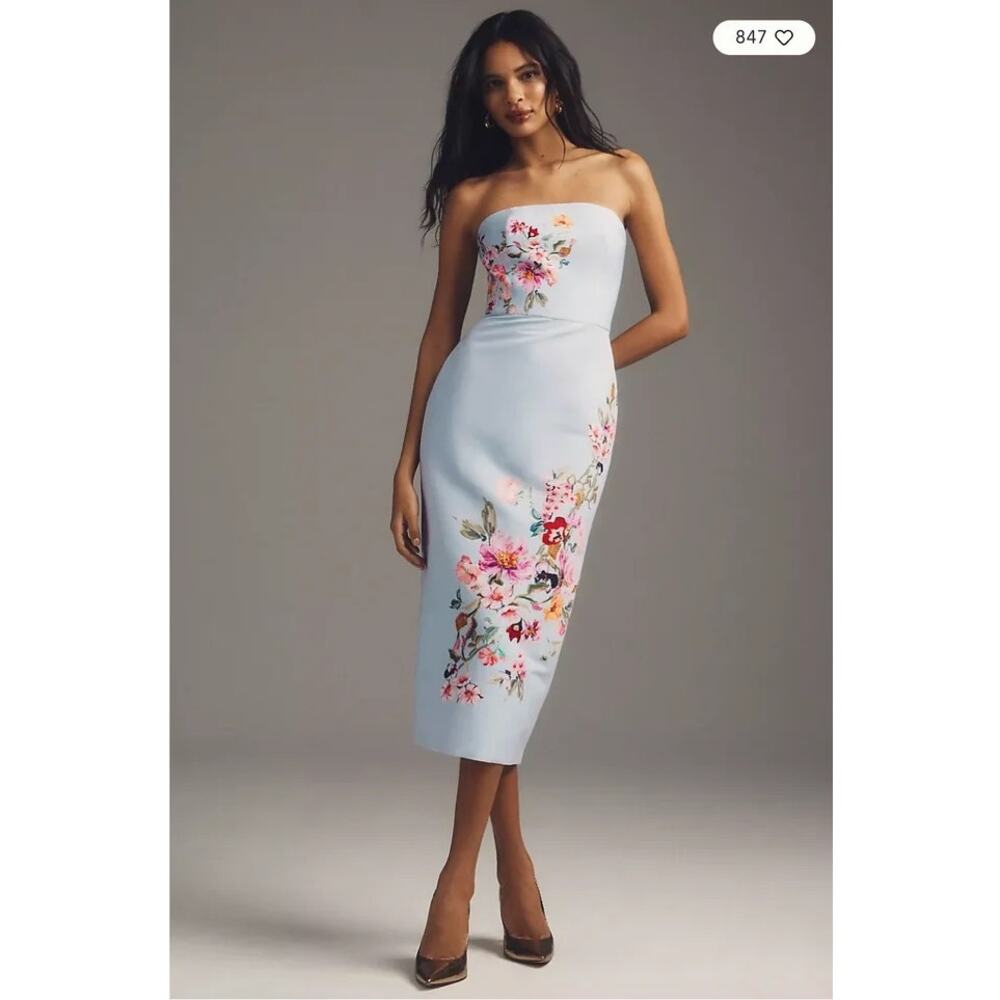 Sachin + Babi Pale Blue Strapless Midi Dress with Floral Embroidery